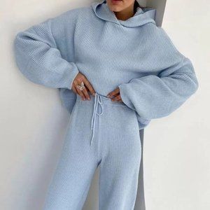 Light Blue Women's Solid Colour 2-piece Lounge Sets